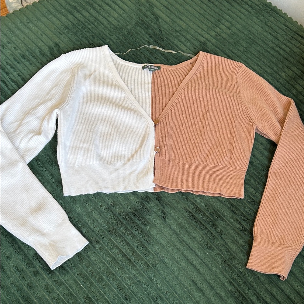 Two-Tone Cropped Ribbed Cardigan - Cream & Brown